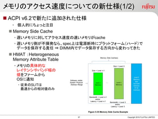 メモリのアクセス速度についての新仕様(1/2)
 ACPI v6.2で新たに追加された仕様
• 個人的にちょっと注目
 Memory Side Cache
• 遅いメモリに対してアクセス速度の速いメモリがcache
• 遅いメモリ側が不揮発なら、spec上は電源断時にプラットフォーム（ハード）で
データを保存する責任 ⇒ DIMM内でデータ保存する方向から変わってきた
 HMAT ：Heterogeneous
Memory Attribute Table
• メモリの具体的な
レイテンシやバンド幅の
値をファームから
OSに通知
• 従来のSLITは
最速からの相対値のみ
Copyright 2018 FUJITSU LIMITED57
 