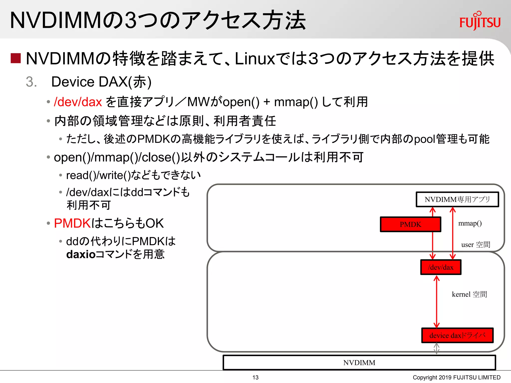 NVDIMMの3つのアクセス方法
 NVDIMMの特徴を踏まえて、Linuxでは３つのアクセス方法を提供
3. Device DAX(赤)
• /dev/dax を直接アプリ／MWがopen() + mmap() して利用
• 内部の領域管理などは原則、利用者責任
• ただし、後述のPMDKの高機能ライブラリを使えば、ライブラリ側で内部のpool管理も可能
• open()/mmap()/close()以外のシステムコールは利用不可
• read()/write()などもできない
• /dev/daxにはddコマンドも
利用不可
• PMDKはこちらもOK
• ddの代わりにPMDKは
daxioコマンドを用意
Copyright 2019 FUJITSU LIMITED
NVDIMM
user 空間
kernel 空間
device daxドライバ
/dev/dax
NVDIMM専用アプリ
mmap()PMDK
13
 