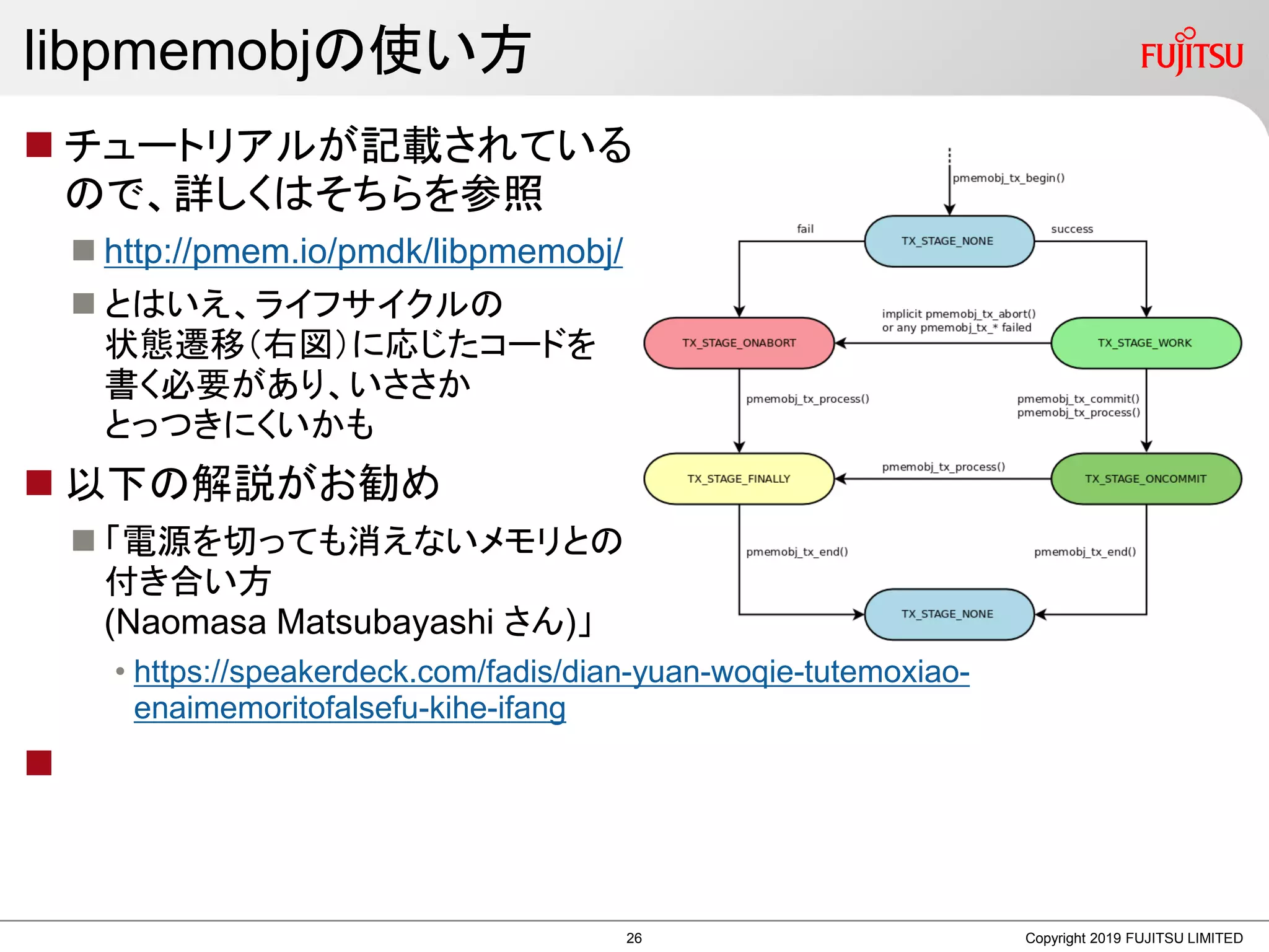 libpmemobjの使い方
 チュートリアルが記載されている
ので、詳しくはそちらを参照
 http://pmem.io/pmdk/libpmemobj/
 とはいえ、ライフサイクルの
状態遷移（右図）に応じたコードを
書く必要があり、いささか
とっつきにくいかも
 以下の解説がお勧め
 「電源を切っても消えないメモリとの
付き合い方
(Naomasa Matsubayashi さん)」
• https://speakerdeck.com/fadis/dian-yuan-woqie-tutemoxiao-
enaimemoritofalsefu-kihe-ifang

Copyright 2019 FUJITSU LIMITED26
 