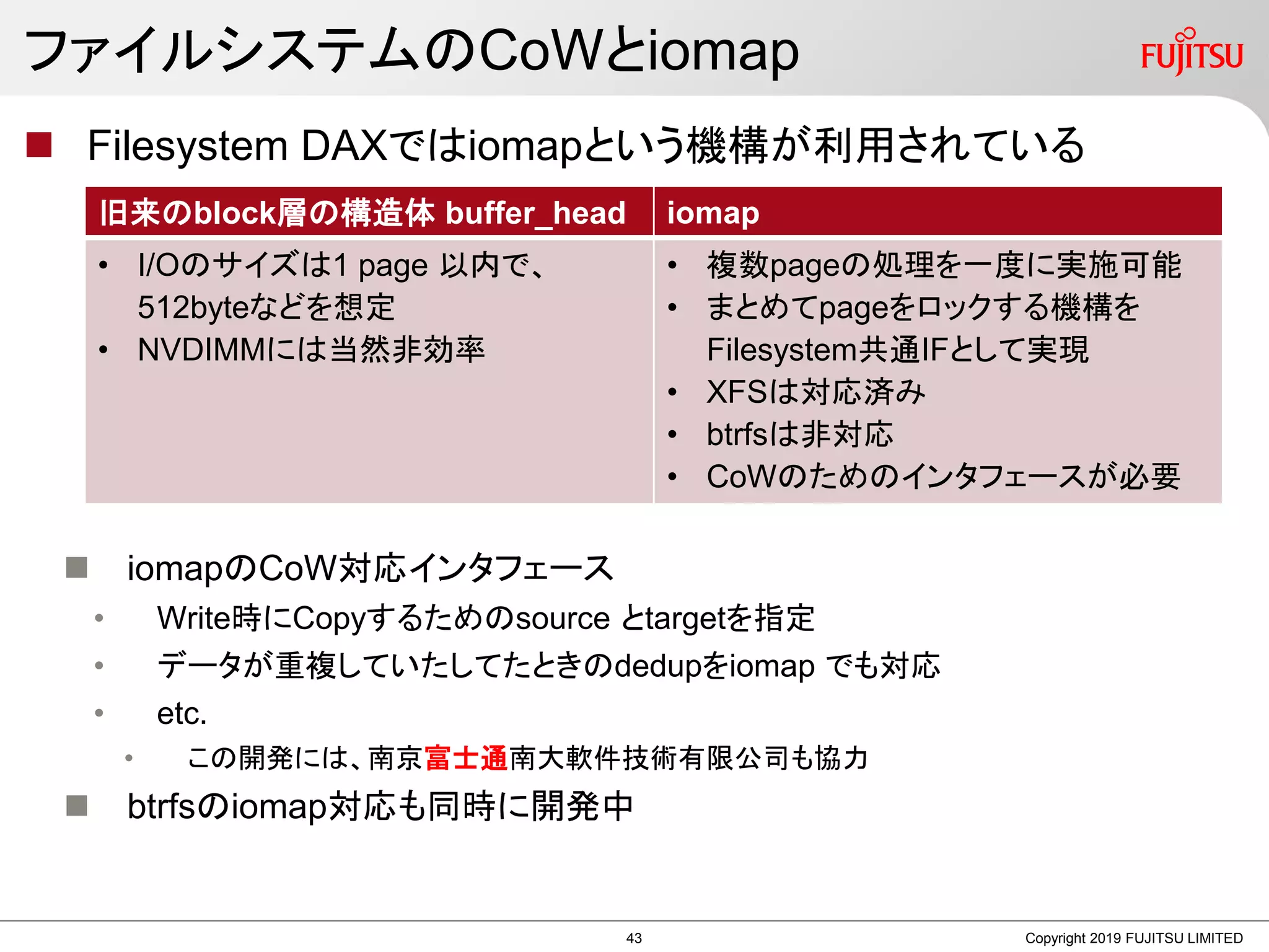 ファイルシステムのCoWとiomap
 Filesystem DAXではiomapという機構が利用されている
 iomapのCoW対応インタフェース
• Write時にCopyするためのsource とtargetを指定
• データが重複していたしてたときのdedupをiomap でも対応
• etc.
• この開発には、南京富士通南大軟件技術有限公司も協力
 btrfsのiomap対応も同時に開発中
Copyright 2019 FUJITSU LIMITED
旧来のblock層の構造体 buffer_head iomap
• I/Oのサイズは1 page 以内で、
512byteなどを想定
• NVDIMMには当然非効率
• 複数pageの処理を一度に実施可能
• まとめてpageをロックする機構を
Filesystem共通IFとして実現
• XFSは対応済み
• btrfsは非対応
• CoWのためのインタフェースが必要
43
 