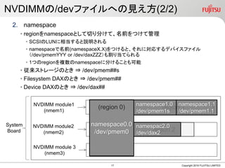 2. namespace
? regionnamespaceȤФ֤ơǰĤƹ
? SCSILUN൱h
? namespaceǰ(namespaceX.X)ĤȡˌꤹǥХե
/dev/pmemYYY or /dev/daxZZZ굱Ƥ
? 1Ĥregion}namespace˷֤뤳Ȥ
? ȥ`ΤȤ ? /dev/pmem##s
? Filesystem DAXΤȤ ? /dev/pmem##
? Device DAXΤȤ ? /dev/dax##
NVDIMM/devեؤҊ(2/2)
Copyright 2019 FUJITSU LIMITED
region 1
region 2
System
Board
NVDIMM module1
(nmem1)
NVDIMM module2
(nmem2)
NVDIMM module 3
(nmem3)
namespace0.0
/dev/pmem0
namespace1.0
/dev/pmem1s
namespace1.1
/dev/pmem1.1
namespac2.0
/dev/dax2
(region 0)
17
 