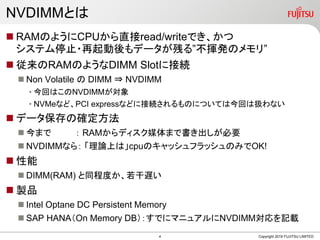 NVDIMMȤ
? RAMΤ褦CPUֱread/writeǤ
ƥֹͣ?ǩ`Ф롱]kΥꡱ
? RAMΤ褦DIMM Slot˽ӾA
? Non Volatile  DIMM ? NVDIMM
? ؤϤNVDIMM
? NVMeʤɡPCI expressʤɤ˽ӾAΤˤĤƤϽؤϒQʤ
? ǩ`δ_
? ޤ  RAMǥýޤǕҪ
? NVDIMMʤ飺 ՓϤϡcpuΥåեåΤߤOK!
? 
? DIMM(RAM) ̶ͬȤW
? uƷ
? Intel Optane DC Persistent Memory
? SAP HANAOn Memory DBǤ˥ޥ˥奢NVDIMMӛd
Copyright 2019 FUJITSU LIMITED4
 