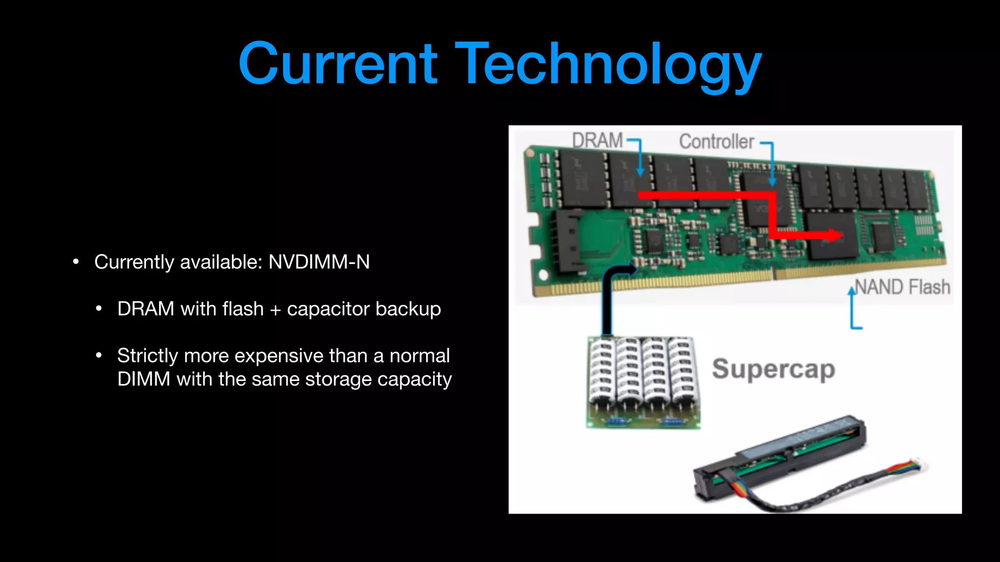 Current Technology
• Currently available: NVDIMM-N

• DRAM with ﬂash + capacitor backup

• Strictly more expensive than a normal
DIMM with the same storage capacity
 