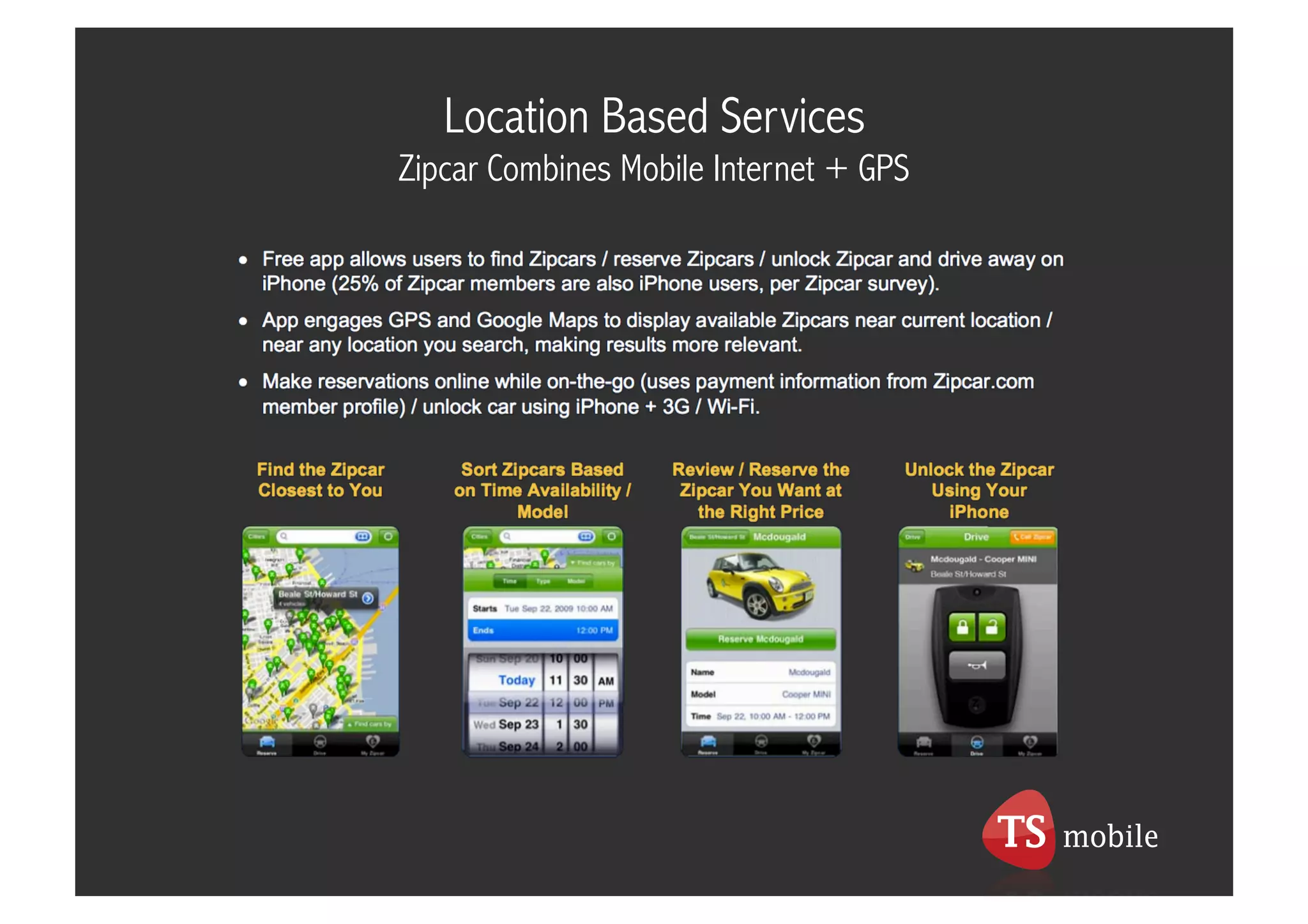 Location Based Services
Zipcar Combines Mobile Internet + GPS
 