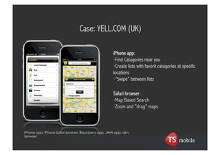 Case: YELL.COM (UK)

                                                       iPhone app:
                                                       • Find Catagories near you
                                                       • Create lists with favorit catagories at specific
                                                       locations
                                                       • “Swipe” between lists

                                                       Safari browser:
                                                       • Map Based Search
                                                       • Zoom and ”drag” maps



iPhone app, iPhone Safari browser, Blackberry app, JAVA app, alm.
browser
 