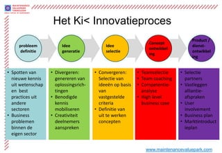 Het Ki< Innovatieproces
                                                                                  Product /
                                                                Concept
     probleem           Idee                Idee                                  dienst-
                                                                ontwikkel
      definitie         generatie           selectie                              ontwikkel
                                                                ing
                                                                                  ing


• Spotten van      • Divergeren:       • Convergeren:      • Teamselectie    • Selectie
  nieuwe kennis      genereren van       Selectie van      • Team coaching     partners
  uit wetenschap     oplossingsrich-     ideeën op basis   • Competentie-    • Vastleggen
  en best            tingen              van                 analyse           alliantie-
  practices uit    • Benodigde           vastgestelde      • High level        afspraken
  andere             kennis              criteria            business case   • User
  sectoren           mobiliseren       • Definitie van                         involvement
• Business         • Creativiteit        uit te werken                       • Business plan
  problemen          deelnemers          concepten                           • Marktintroduct
  binnen de          aanspreken                                                ieplan
  eigen sector


                                                              www.maintenancevaluepark.com
 