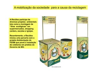 A Recóleo participa de
diversos projetos ambientais
tais como a montagem de
“ilhas ecológicas” em
supermercados, shopping
centers, escolas e igrejas.
Recentemente, a Recóleo
A mobilização da sociedade para a causa da reciclagem
Recentemente, a Recóleo
iniciou uma parceria com o
projeto Ambientação da
FEAM que prevê a instalação
de coletores em prédios do
Governo de MG.
 