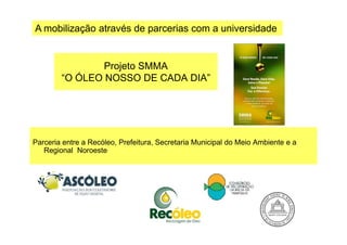 Projeto SMMA
“O ÓLEO NOSSO DE CADA DIA”
A mobilização através de parcerias com a universidade
Parceria entre a Recóleo, Prefeitura, Secretaria Municipal do Meio Ambiente e a
Regional Noroeste
 