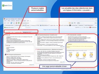 Plusieurs onglets
personnalisables
Les actualités des sites sélectionnés dans
une logique d’information « poussée »
Une page personnalisable à loisir…
 