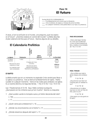 Paso 14
El futuro
Escriba FALSO (F) O VERDADERO (V)
____ El arrebatamiento es lo mismo que la tribulación.
____ A los incrédulos, les espera un tiempo de juicios horribles.
____ En cualquier momento Cristo podría llevar a sus hijos a su presencia.
El RAPTO
La Biblia enseña que en un momento no esperado Cristo vendrá para llevar a
su iglesia a su presencia. Esto se llama el arrebatemiento (el rapto). Podría
suceder en cualquier momento. Viene en las nubes para arrebatar a la iglesia.
Es un evento distinto a la Segunda Venida. 1 Tes 4:13-18; 1 Cor. 15:51-53
Lea 1 Tesalonisenses 4:13-18. Aquí, Pablo contesta la pregunta
¿Qué pasará con los cristianos que ya han muerto? Veamos su respuesta:
1.	 ¿Qué sucede cuando la trompeta suena y el Señor descienda del cielo?
	 v. 16b ________________________________________________________
	 v. 17 _________________________________________________________
2.	 ¿Quién viene para arrebatarnos? v. 16 _____________________________
3.	 ¿Dónde nos encontraremos con el Señor? v. 17 _____________________
4.	 ¿Dónde estaremos después del rapto? v. 17 ________________________
	______________________________________________________________
A veces, al ver la confusión en el mundo, uno pregunta ¿qué nos espera
en el futuro? ¿Está Dios todavía en control del mundo? La Biblia describe
el plan soberano de Dios para el futuro. Veamos algunos de sus detalles.
El Calendario Profético
La Iglesia Tribulación
LaSegunda
Venida
Reino
Milenial
Resurreccióndelos
impíosparaeljuiciofinal
GranTronoBlanco
La Eternidad
Cielo
para los
justos
Infierno
para los
injustos
Resurrección de los
muertos en Cristo.
Los creyentes vivos
serán arrebatados
ElRapto
(La época
presente)
7 años 1000 años
El regreso de Cristo
a la tierra.
Resurrección de los
creyentes del Antiguo
Testamento y laTribulación
PARA REFLEXIONAR
¿Tiene usted algún familiar
en Cristo que ha fallecido?
¿Cómo se siente después de
leer y meditar en las verdades
de 1 Tes. 4:13-16?
_________________________
_________________________
_________________________
_________________________
_________________________
_________________________
PARA PENSAR
¿Dice la Biblia que toda la
gente religiosa será arrebata-
da?
Sí ❏ No ❏
¿Hay personas que dicen ser
cristianas pero en realidad no
son?
Sí ❏ No ❏
¿Hay personas en la iglesia
suya que se creen ser hijos de
Dios, pero no son?
Sí ❏ No ❏
¿Qué pasará con esta gente en
el rapto?
_________________________
_________________________
_________________________
_________________________
_________________________
_________________________
32
 
