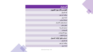 ‫المحتوي‬
‫الكمبيوتر‬ ‫جهاز‬ ‫خالل‬ ‫من‬ ‫العمل‬
‫التشغيل‬ ‫اليه‬
‫البرنامج‬ ‫وظائف‬
‫فريق‬ ‫انشاء‬
‫اشخاص‬ ‫اضافة‬
‫االتصال‬ ‫قنوات‬ ‫استخدام‬
‫عملي‬ ‫تطبيق‬
‫الدردشة‬ ‫استخدم‬
‫االجتماعات‬
‫االجتماعات‬ ‫جدوله‬
‫الملفات‬ ‫مشاركة‬
‫المحمول‬ ‫الهاتف‬ ‫تطبيق‬ ‫استخدم‬
‫التشغيل‬ ‫اليه‬
‫البرنامج‬ ‫وظائف‬
‫فريق‬ ‫انشاء‬
Mohamed Anwar - BD
 