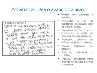 Atividades para o avanço de nível:
• Investir em conversas e
debates;
• Possibilitar o uso de
estratégias de leitura, além
da decodificação;
• Considerar o “erro” como
construtivo e parte do
processo de aprendizagem;
• Produção coletiva de
diferentes gêneros textuais;
• Análise linguística das
palavras;
• Reescrita individual e
coletiva;
• Trabalhar atividades como
enigmas, forca, caça-palavras,
cruzadinha...
 