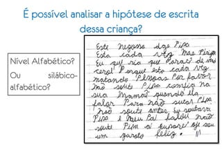É possível analisar a hipótese de escrita
dessa criança?
Nível Alfabético?
Ou silábico-
alfabético?
 