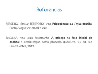 Referências
FERREIRO, Emília.; TEBEROSKY, Ana. Psicogênese da língua escrita.
Porto Alegre: Artemed, 1999.
SMOLKA, Ana Luiza Bustamante. A criança na fase inicial da
escrita: a alfabetização como processo discursivo. 13. ed. São
Paulo: Cortez, 2012.
 