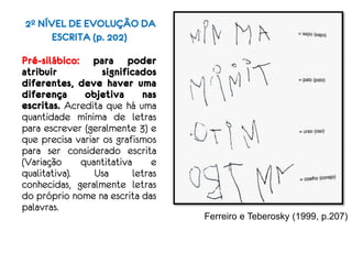 Pré-silábico: para poder
atribuir significados
diferentes, deve haver uma
diferença objetiva nas
escritas. Acredita que há uma
quantidade mínima de letras
para escrever (geralmente 3) e
que precisa variar os grafismos
para ser considerado escrita
(Variação quantitativa e
qualitativa). Usa letras
conhecidas, geralmente letras
do próprio nome na escrita das
palavras.
Ferreiro e Teberosky (1999, p.207)
2º NÍVEL DE EVOLUÇÃO DA
ESCRITA (p. 202)
 
