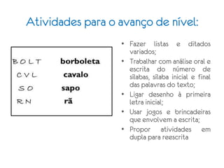 Atividades para o avanço de nível:
• Fazer listas e ditados
variados;
• Trabalhar com análise oral e
escrita do número de
sílabas, sílaba inicial e final
das palavras do texto;
• Ligar desenho à primeira
letra inicial;
• Usar jogos e brincadeiras
que envolvem a escrita;
• Propor atividades em
dupla para reescrita
 