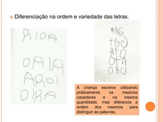 Diferenciação na ordem e variedade das letras. 
A criança escreve utilizando 
praticamente os mesmos 
caracteres e na mesma 
quantidade, mas diferencia a 
ordem dos mesmos para 
distinguir as palavras. 
 