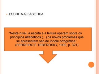  ESCRITA ALFABÉTICA 
“Neste nível, a escrita e a leitura operam sobre os 
princípios alfabéticos (...) os novos problemas que 
se apresentam são de índole ortográfica.” 
(FERREIRO E TEBEROSKY, 1999, p. 321) 
 