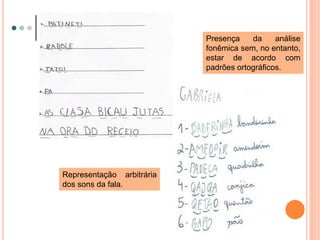 Presença da análise 
fonêmica sem, no entanto, 
estar de acordo com 
padrões ortográficos. 
Representação arbitrária 
dos sons da fala. 
 