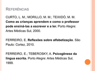 REFERÊNCIAS 
CURTO, L. M.; MORILLO, M. M.; TEIXIDÓ, M. M. 
Como as crianças aprendem e como o professor 
pode ensiná-las a escrever e a ler. Porto Alegre: 
Artes Médicas Sul, 2000. 
FERREIRO, E. Reflexões sobre alfabetização. São 
Paulo: Cortez, 2010. 
FERREIRO, E.; TEBEROSKY, A. Psicogênese da 
língua escrita. Porto Alegre: Artes Médicas Sul, 
1999. 
