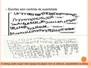 Escritas sem controle de quantidade 
A criança pode ocupar todo espaço da página com os rabiscos, pseudoletras ou letras 
 