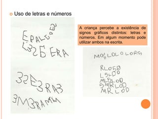  Uso de letras e números 
A criança percebe a existência de 
signos gráficos distintos: letras e 
números. Em algum momento pode 
utilizar ambos na escrita. 
 