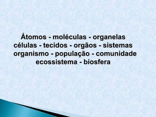 Átomos - moléculas - organelas
células - tecidos - orgãos - sistemas
organismo - população - comunidade
       ecossistema - biosfera
 