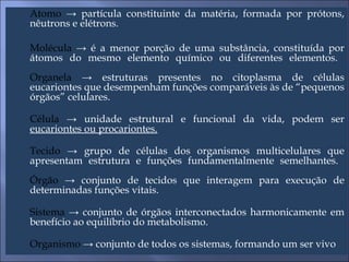 Átomo  -> partícula constituinte da matéria, formada por prótons, nêutrons e elétrons. Molécula  -> é a menor porção de uma substância, constituída por átomos do mesmo elemento químico ou diferentes elementos.  Organela  -> estruturas presentes no citoplasma de células eucariontes que desempenham funções comparáveis às de “pequenos órgãos” celulares. Célula  -> unidade estrutural e funcional da vida, podem ser  eucariontes ou procariontes. Tecido  -> grupo de células dos organismos multicelulares que apresentam estrutura e funções fundamentalmente semelhantes.  Órgão  -> conjunto de tecidos que interagem para execução de determinadas funções vitais. Sistema  -> conjunto de órgãos interconectados harmonicamente em benefício ao equilíbrio do metabolismo.  Organismo  -> conjunto de todos os sistemas, formando um ser vivo 