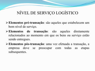 NÍVEL DE SERVIÇO LOGÍSTICO
Elementos pré-transação: são aqueles que estabelecem um
bom nível de serviço.
Elementos de transação: são aqueles diretamente
relacionados ao momento em que os bens ou serviço estão
sendo entregues.
Elementos pós-transação: uma vez efetuada a transação, a
empresa deve se preocupar com todas as etapas
subsequentes.
 