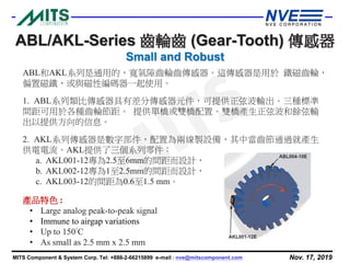 Nov. 17, 2019MITS Component & System Corp. Tel: +886-2-66215899 e-mail : nve@mitscomponent.com
ABL和AKL系列是通用的，寬氣隙齒輪齒傳感器。這傳感器是用於 鐵磁齒輪，
偏置磁鐵，或與磁性編碼器一起使用。
1. ABL系列類比傳感器具有差分傳感器元件，可提供正弦波輸出。三種標準
間距可用於各種齒輪節距。 提供單橋或雙橋配置。雙橋產生正弦波和餘弦輸
出以提供方向的信息。
2. AKL系列傳感器是數字部件，配置為兩線製設備，其中當齒節通過就產生
供電電流。AKL提供了三個系列零件：
a. AKL001-12專為2.5至6mm的間距而設計，
b. AKL002-12專為1至2.5mm的間距而設計，
c. AKL003-12的間距為0.6至1.5 mm。
產品特色 :
• Large analog peak-to-peak signal
• Immune to airgap variations
• Up to 150°C
• As small as 2.5 mm x 2.5 mm
ABL/AKL-Series 齒輪齒 (Gear-Tooth) 傳感器
Small and Robust
 