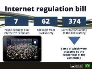 Internet regulation bill
Public hearings and
Interactive Seminars
Speakers from
Civil Society
Contributions online
to the ...