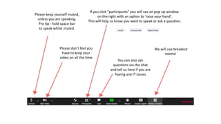 Please keep yourself muted,
unless you are speaking.
Pro tip - hold space bar
to speak whilst muted.
Please don’t feel you
have to keep your
video on all the time
You can also ask
questions via the chat
and tell us here if you are
having any IT issues
We will use breakout
rooms!
If you click “participants" you will see an pop up window
on the right with an option to ‘raise your hand’.
This will help us know you want to speak or ask a question.
 