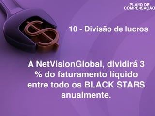 PLANO DE
COMPENSAÇÃO

10 - Divisão de lucros

A NetVisionGlobal, dividirá 3
% do faturamento líquido
entre todo os BLACK STARS
anualmente.

 