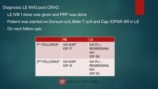 -
-
-
Diagnosis: LE NVG post CRVO.
LE IVB 1 dose was given and PRP was done
Patient was started on Dorsum e/d, Bidin T e/d and Cap. IOPAR-SR in LE
On next follow ups:
RE LE
1ST
FOLLOWUP V/A 6/6P
IOP 17
V/A PL+,
REGRESSING
NVI
IOP 38
2ND
FOLLOWUP V/A 6/6P
IOP 15
V/A PL+,
REGRESSING
NVI
IOP 39
 