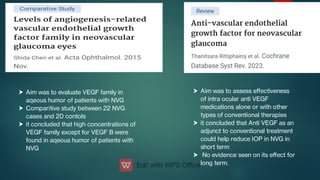 


Aim was to evaluate VEGF family in
aqeous humor of patients with NVG
Comparitive study between 22 NVG
cases and 20 contols
it concluded that high concentrations of
VEGF family except for VEGF B were
found in aqeous humor of patients with
NVG



Aim was to assess eﬀectiveness
of intra ocular anti VEGF
medications alone or with other
types of conventional therapies
it concluded that Anti VEGF as an
adjunct to conventional treatment
could help reduce IOP in NVG in
short term
No evidence seen on its eﬀect for
long term.
 