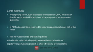 


A. PRE RUBEOSIS:
Predisposing factor, such as diabetic retinopathy or CRVO have risk of
developing rubeosis iridis and chance for progression to neovascular
glaucoma.
In PDR,rubeosis iridis is reported to occur in approximately one- half of the
cases.
Risk for rubeosis iridis and NVG in patients
with diabetic retinopathy is greatly increased when arteriolar or
capillary nonperfusion is present or after vitrectomy or lensectomy,
 