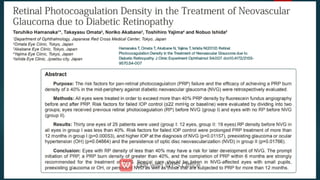 Hamanaka T, Omata T, Akabane N, Yajima T, Ishida N(2012) Retinal
Photocoagulation Density in the Treatment of Neovascular Glaucoma due to
Diabetic Retinopathy. J Clinic Experiment Ophthalmol S4:007. doi:10.4172/2155-
9570.S4-007
 