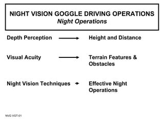 NIGHT VISION GOGGLE DRIVING OPERATIONS
                Night Operations

Depth Perception          Height and Distance


Visual Acuity             Terrain Features &
                          Obstacles


Night Vision Techniques   Effective Night
                          Operations



NVG VGT-01
 
