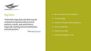 Big Data ● Raw material for new industries
● Cheap storage
● Growth in (cheap) computing power
● Cloud computing
● Machine Learning
● ‘Artificial Intelligence’ (AI)
“Extremely large data sets that may be
analysed computationally to reveal
patterns, trends, and associations,
especially relating to human behaviour
and interactions.”
Thank you Wikipedia
 