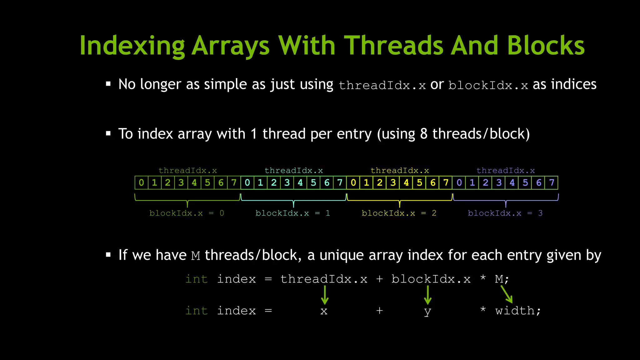 Indexing Arrays With Threads And Blocks
 No longer as simple as just using threadIdx.x or blockIdx.x as indices
 To index array with 1 thread per entry (using 8 threads/block)
 If we have M threads/block, a unique array index for each entry given by
int index = threadIdx.x + blockIdx.x * M;
int index = x + y * width;
blockIdx.x = 0 blockIdx.x = 1 blockIdx.x = 2 blockIdx.x = 3
threadIdx.x
0 1 2 3 4 5 6 7
threadIdx.x
0 1 2 3 4 5 6 7
threadIdx.x
0 1 2 3 4 5 6 7
threadIdx.x
0 1 2 3 4 5 6 7
 