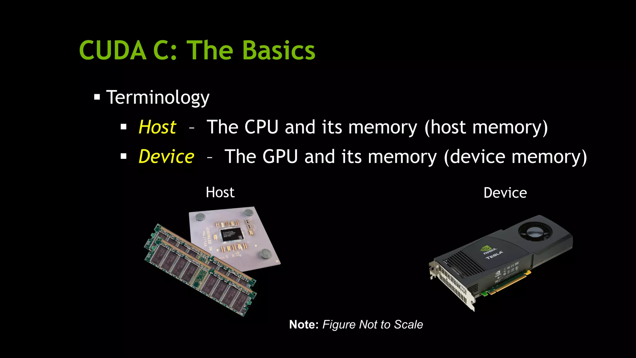 CUDA C: The Basics
Host
Note: Figure Not to Scale
 Terminology
 Host – The CPU and its memory (host memory)
 Device – The GPU and its memory (device memory)
Device
 
