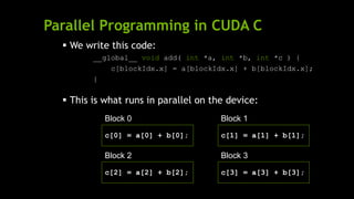 Parallel Programming in CUDA C
Block 1
c[1] = a[1] + b[1];
 We write this code:
__global__ void add( int *a, int *b, int *c ) {
c[blockIdx.x] = a[blockIdx.x] + b[blockIdx.x];
}
 This is what runs in parallel on the device:
Block 0
c[0] = a[0] + b[0];
Block 2
c[2] = a[2] + b[2];
Block 3
c[3] = a[3] + b[3];
 