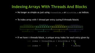 Indexing Arrays With Threads And Blocks
 No longer as simple as just using threadIdx.x or blockIdx.x as indices
 To index array with 1 thread per entry (using 8 threads/block)
 If we have M threads/block, a unique array index for each entry given by
int index = threadIdx.x + blockIdx.x * M;
int index = x + y * width;
blockIdx.x = 0 blockIdx.x = 1 blockIdx.x = 2 blockIdx.x = 3
threadIdx.x
0 1 2 3 4 5 6 7
threadIdx.x
0 1 2 3 4 5 6 7
threadIdx.x
0 1 2 3 4 5 6 7
threadIdx.x
0 1 2 3 4 5 6 7
 