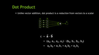 Dot Product
 Unlike vector addition, dot product is a reduction from vectors to a scalar
c = a ∙ b
c = (a0, a1, a2, a3) ∙ (b0, b1, b2, b3)
c = a0 b0 + a1 b1 + a2 b2 + a3 b3
a0
a1
a2
a3
b0
b1
b2
b3
*
*
*
*
+
a b
c
 