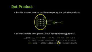 Dot Product
 Parallel threads have no problem computing the pairwise products:
 So we can start a dot product CUDA kernel by doing just that:
__global__ void dot( int *a, int *b, int *c ) {
// Each thread computes a pairwise product
int temp = a[threadIdx.x] * b[threadIdx.x];
a0
a1
a2
a3
b0
b1
b2
b3
*
*
*
*
+
a b
 