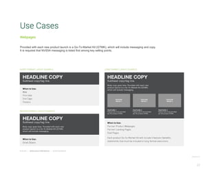 Use Cases
Webpages
Provided with each new product launch is a Go-To-Market Kit (GTMK), which will include messaging and copy.
It is required that NVIDIA messaging is listed first among key selling points.
NVIDIA CONFIDENTIAL - DO NOT DISTRIBUTE V2020.05.15
22
 