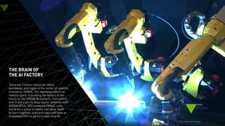 THE BRAIN OF
THE AI FACTORY
There are 2 billion industrial robots
worldwide, and Japan is the center of robotics
innovation. FANUC, the Japanese industrial
robotics giant, is building the factory of the
future on the NVIDIA AI platform, from end to
end. It will train its deep neural networks with
NVIDIA GPUs, GPU-powered FANUC units
will drive a group of robots and allow them
to learn together, and each robot will have an
embedded GPU to perform real-time AI.
 
