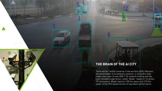 THE BRAIN OF THE AI CITY
There will be 1 billion cameras in the world by 2020. Hikvision,
the world leader in surveillance systems, is using AI to help
make cities safer. It uses DGX-1 for network training and has
built a breakthrough server, called “Blade,” based on 16 Jetson
TX1 processors. Blade requires 1/20 the space and 1/10 the
power of the CPU-based servers of equivalent performance.
 