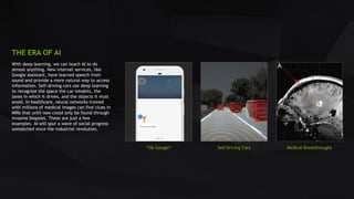 15
With deep learning, we can teach AI to do
almost anything. New internet services, like
Google Assistant, have learned speech from
sound and provide a more natural way to access
information. Self-driving cars use deep learning
to recognize the space the car inhabits, the
lanes in which it drives, and the objects it must
avoid. In healthcare, neural networks trained
with millions of medical images can find clues in
MRIs that until now could only be found through
invasive biopsies. These are just a few
examples. AI will spur a wave of social progress
unmatched since the industrial revolution.
THE ERA OF AI
 