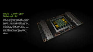 17
Volta, the world’s most powerful GPU computing
architecture, was built to drive the next wave
of AI and HPC. Tesla V100, based on Volta, is
the world’s first 120 TeraFLOPS processor and
brings extraordinary speed and scalability for AI
inferencing and training, as well as for
accelerating HPC and graphics workloads. Volta
is the biggest chip on the planet — boasting 21
billion transistors and able to deliver the
equivalent performance of 250 CPUs for deep
learning.
VOLTA — A GIANT LEAP
FOR AI AND HPC
 